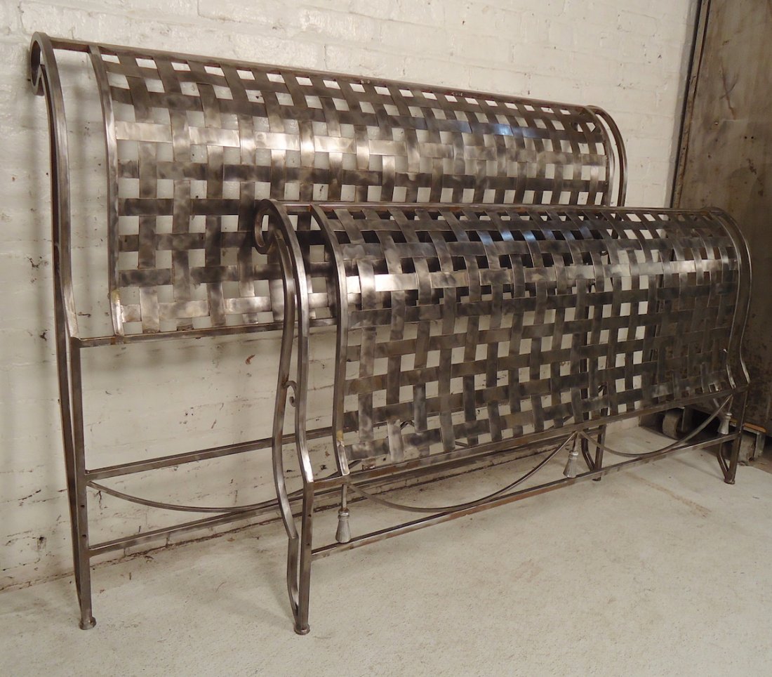 Refinished Metal Headboard: Fantastic headboard and footboard restored in a bare metal style finish. Mesh style design with scrolling sides.Measures: Height 43", 32"---Dimensions: Height: 43 in., Width: 58 in., Depth: 9 in.---Se
