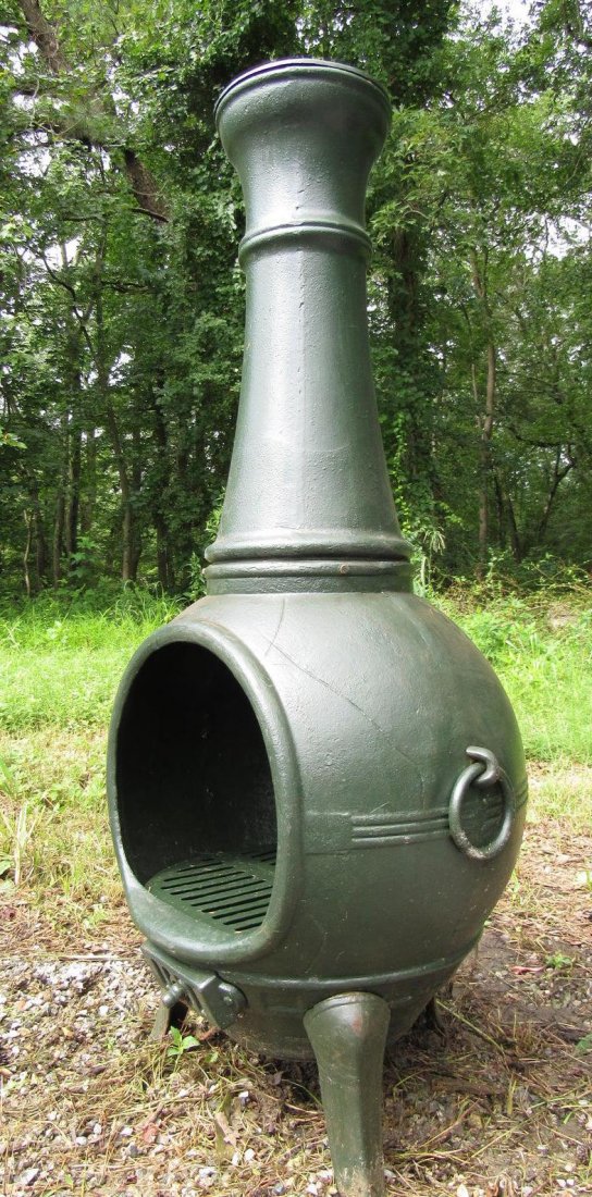 Cast Iron Chiminea or Stove: Beautiful cast iron stove/chiminea. Sturdy cast iron construction with a green finish applied. Comes with three grates lining the interior of the stove providing ample room for a cozy fire. ---Dimensi