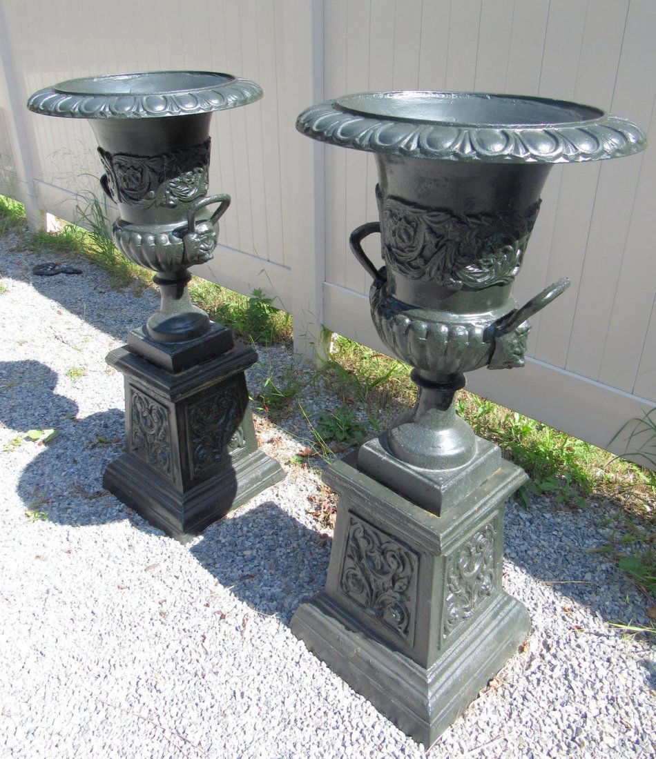 Pair of Cast Iron Urns With Handles on Pedestal Bases (1 of 6)