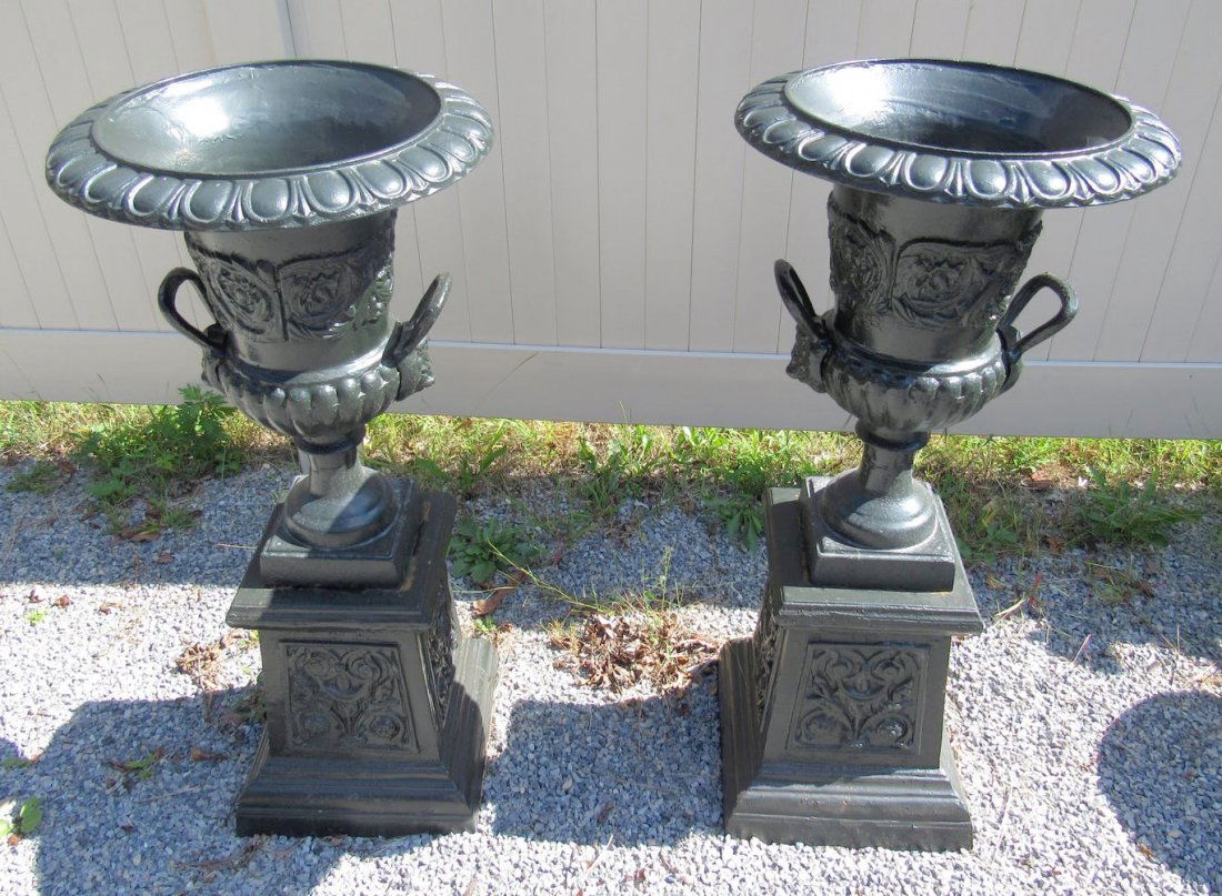 Pair of Cast Iron Urns With Handles on Pedestal Bases (1 of 5)