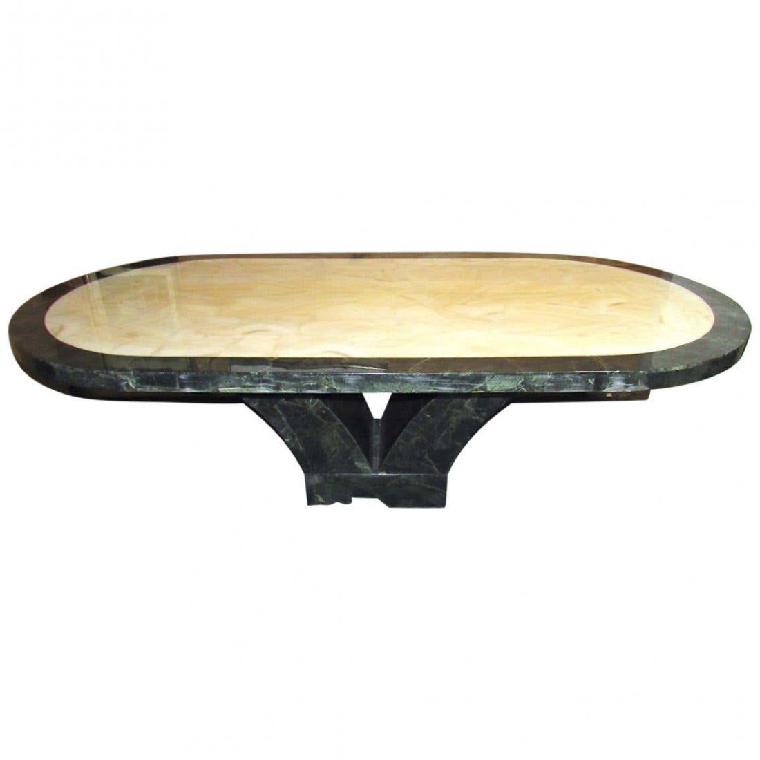 Italian Marble Dining Room Table: This large Italian marble dining room table is a Mid-Century Modern piece that makes a bold statement in any home. Two tones of beautiful marble make up the table's surface as well as its uniquely-sha
