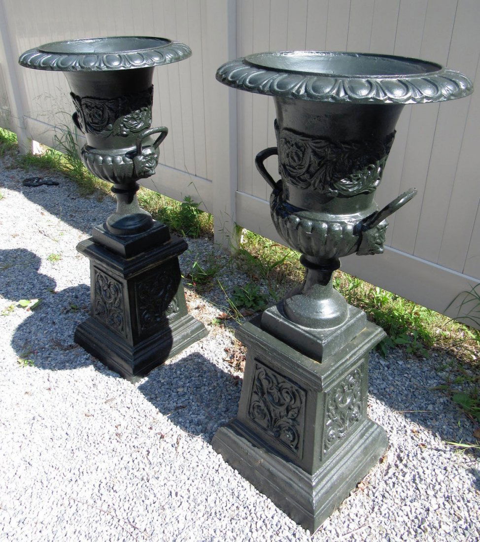 Pair of Cast Iron Urns With Handles on Pedestal Bases (1 of 5)
