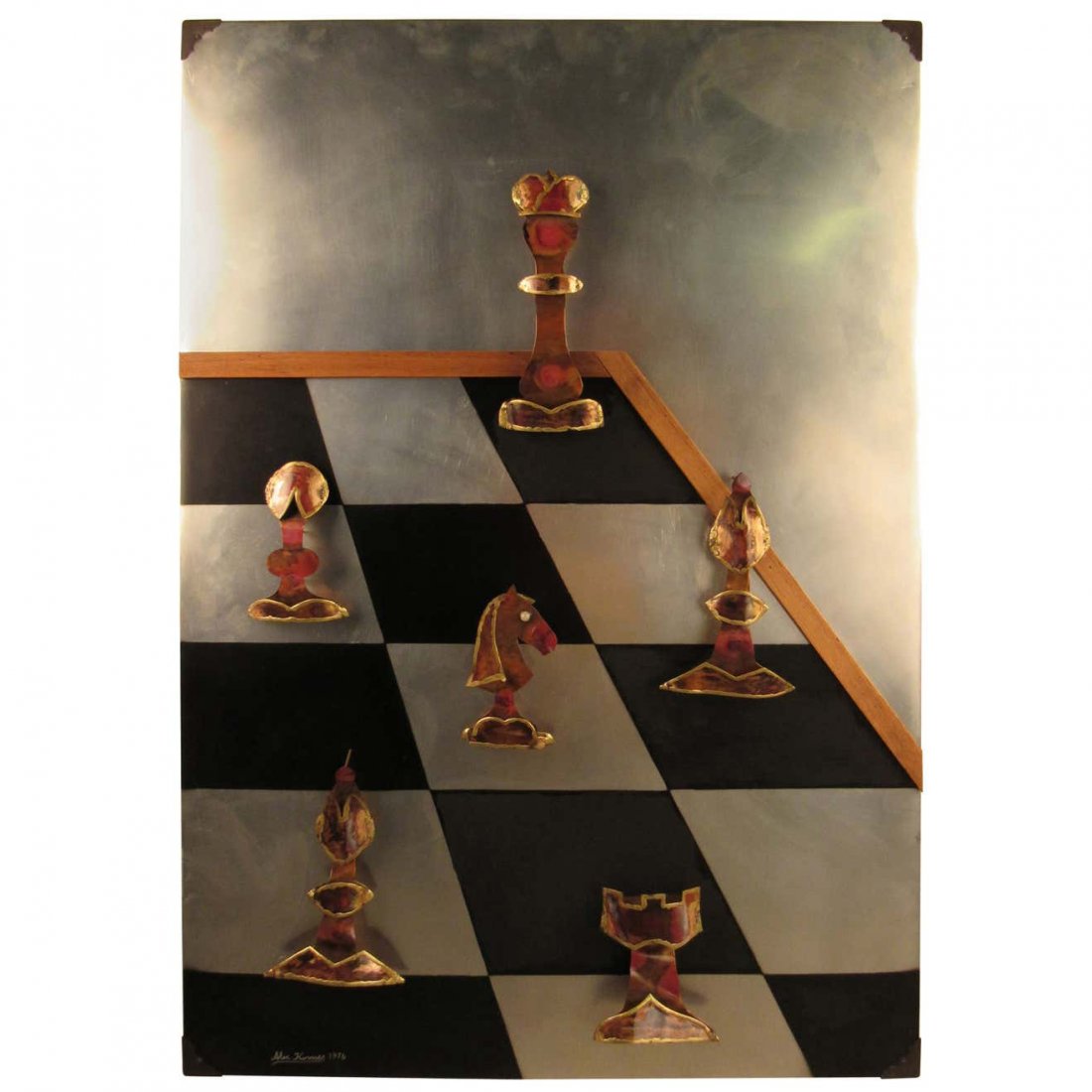 Steel and Copper Wall Art, Signed "Alex Kovacs 1976": Vintage-modern mixed media chess wall art, copper and steel, singed by artist Alex Kovacs, 1976.--Dimensions: Height: 45 in, Width: 32 in, Depth: 0.5 in--Seller Location: Brooklyn, NY--Reference Numbe