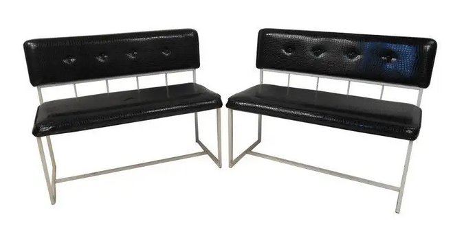 Pair of Contemporary Modern Faux Croocodile Settees: Fun pair of contemporary metal frame settees covered in faux crocodile black vinyl. --Dimensions: Height: 29 in. (73.66 cm)Width: 37 in. (93.98 cm)Depth: 19 in. (48.26 cm)Seat Height: 18 in. (45.72 cm