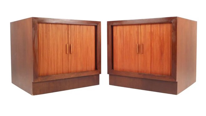Mid-Century Modern Teak Tambour Nightstands: Stylish pair of vintage two-tone nightstands with tambour doors and unique carved pulls. Wonderful design offers a convienet and stylish case piece to store items. --Dimensions: Height: 22.75 in. (57.