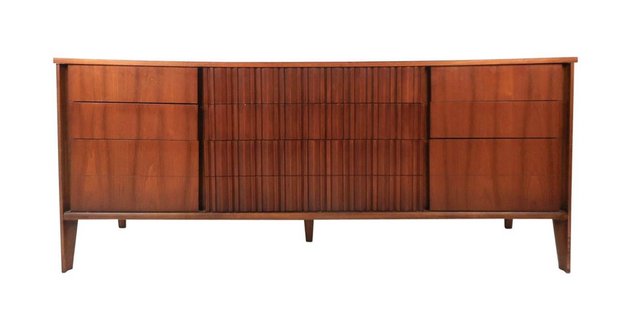 Mid-Century Modern Curved Front Dresser: Long mid-century dresser with curved front design. Nine total drawers.--PICK UP LOCATION: Brooklyn NY--Dimensions: 76 W, 20.5 D, 32 H--Wear consistent with age and use. age appropriate wear, finish we