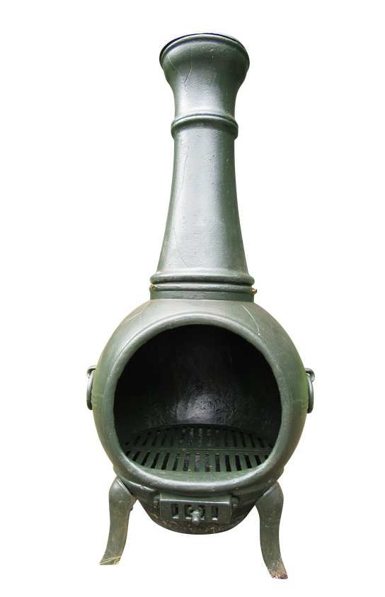 Iron Chiminea or Stove: Beautiful cast iron stovechiminea. Sturdy cast iron construction with a green finish applied. Comes with three grates lining the interior of the stove providing ample room for a cozy fire. --PICK UP L