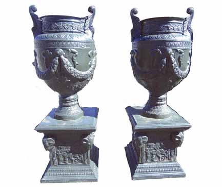 Massive Pair of Cast Iron Urns on Pedestal Bases (1 of 6)