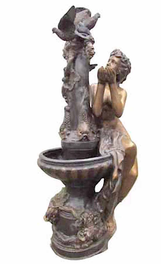 Bronze Fountain Woman Cupping Hands: This beautiful bronze fountain features an intricately detailed representation of a woman along with water fowl and dragon's heads on the fountain's column. // PICK UP LOCATION: Brooklyn NY // Dimensi