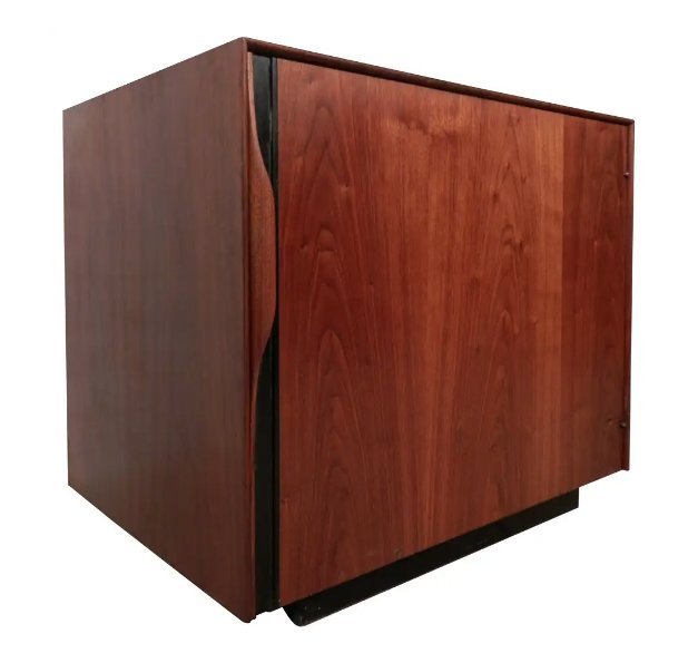 Multi-Function Cabinet Designed by John Kapel: Super vintage single door cabinet with inside magazine rack, shelf, and pull out formica tray table. Designed by John Kapel and manufactured by Glenn of California. Cool modern design with multiple us