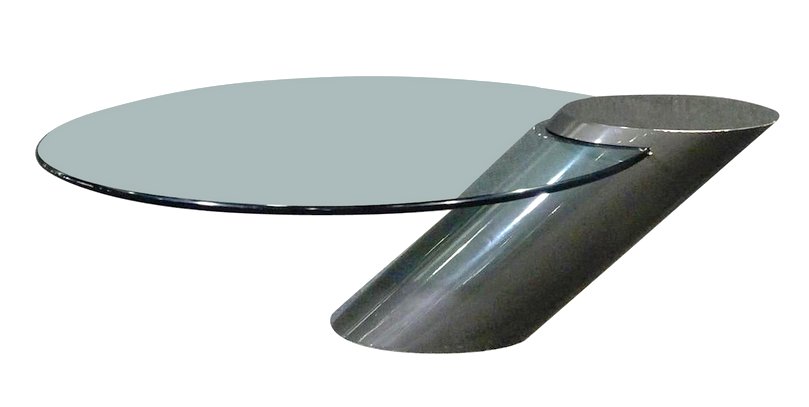 Cantilevered Glass Cocktail Table by Brueton: Oval glass set into a lacquered angled base. Designed by J. Wade Beam for Brueton. // PICK UP LOCATION: Brooklyn NY // Dimensions: Height: 16 in Width: 49 in Depth: 34 in // Condition: Wear consistent