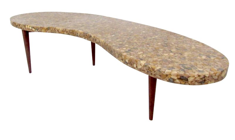 Vintage Kidney Shaped Coffee Table: Vintage-modern kidney shaped coffee table featuring stone composite top and wooden base. // PICK UP LOCATION: New Jersey // Dimensions: Height: 16 in Width: 65 in Depth: 21 in // Condition: Wear consi