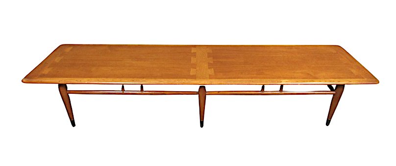 "Acclaim" Series Table By Lane: Stunning and unique extra-long coffee table from the Lane Furniture Company designed by Andre Bus. Beautifully figured walnut and oak come together in a gorgeous dovetail inlay table top, while six ta