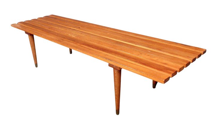 Mid-Century Modern Slat Bench: Stylish midcentury slat bench or coffee table. Walnut finish, with tapered legs and brass sabots capping the feet. This would make a nice addition to any modern interior. // PICK UP LOCATION: New Jers