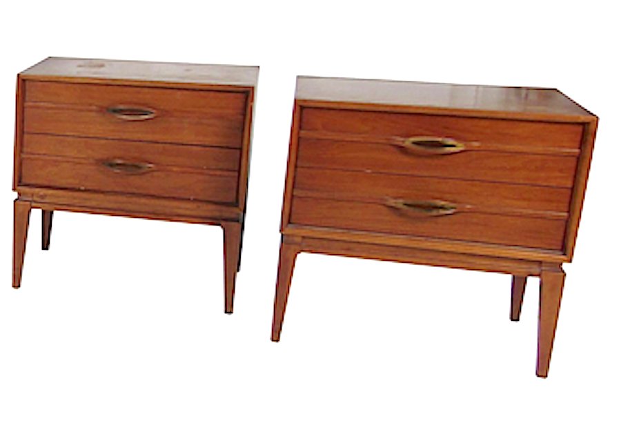 Mid-Century Nightstands w/ Sculpted Handles: Carved drawer pulls with brass accents. Dovetail jointed drawers. // PICK UP LOCATION: New Jersey // Dimensions: 24.25 wide, 16.5 deep, 24.25 high // Condition: Wear consistent with age and use. Minor