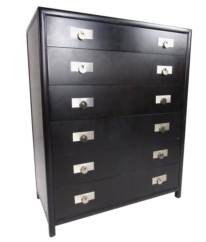 Dresser by Michael Taylor for Baker: This stylish vintage highboy dresser features ebonized finish, iconic drawer pulls, and spacious storage space. Unique piece designed by Michael Taylor for Baker furniture is perfect for any home. //