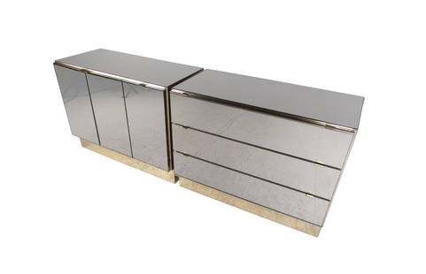 Pair of Vintage Modern Mirrored Cabinets by Ello Furniture: This matched pair of Ello Furniture vintage cabinets feature iconic mirrored finish with stylish brass trim. Spacious Dual cabinet storage offers adjustable shelves for home or office storage, while t