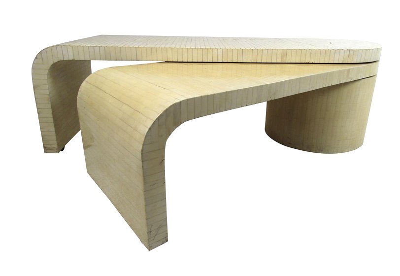 Enrique Garcel Tessellated Bone Expanding Coffee Table: This stunning vintage modern coffee table by Enrique Garcel features the ability to swivel open, allowing it to expand from 61 inches wide to 94 inches wide. An unusual table that offers tons of conve