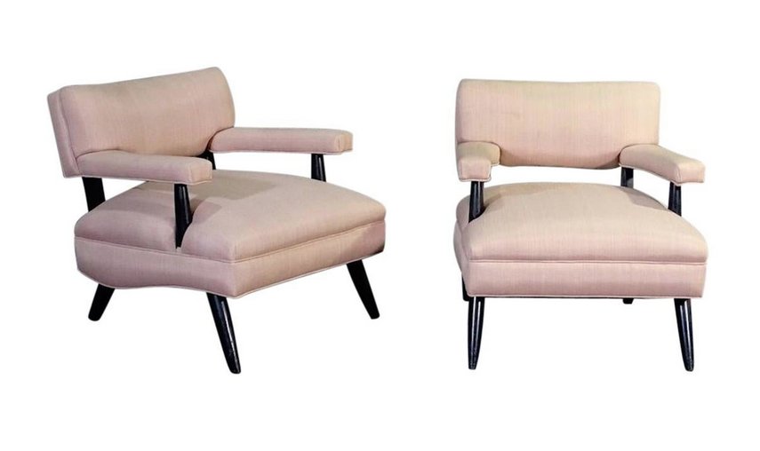 Paul Laszlo Style Lounge Chairs: Pair of sleek Mid-Century Modern chairs featured in light upholstery and ebonized legs. // PICK UP LOCATION: Brooklyn NY // Dimensions: Height: 27.5 in Width: 26 in Depth: 32.5 in // Condition: Wear c