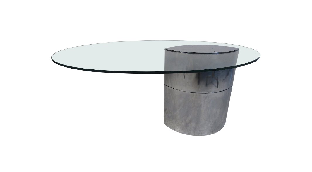 Vintage Cini Boeri for Knoll Lunario Cantilevered Table/Desk: This elegant Mid-Century Modern desk features a polished stainless steel base with a 1/2 inch thick cantilever glass top. By Cini Boeri for Knoll International. The oval glass top has, "S.T Lassfer,"