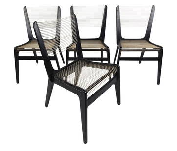 Jacques Guillon Cord Chairs: This rare set of Mid-Century Modern dining chairs by Jacques Guillon features black lacquered wooden frames with rope cord seat and back. Stylish vintage design makes these unique string chairs an unu