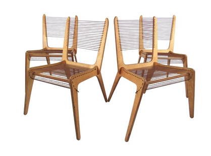 Jacques Guillon Cord Chairs, circa 1950s: This early set of Mid-Century rope chairs feature blonde frames with intricate rope seats and backs as designed by Jacques Guillon. The delicate and innovative design makes a petite but surprisingly s