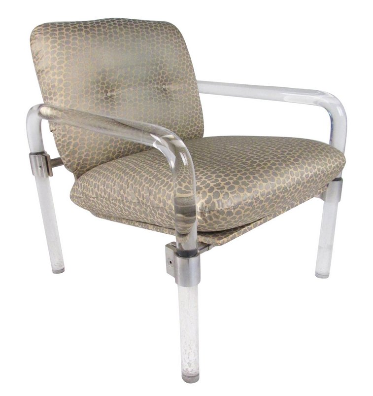 Jeff Messerschmidt Lucite Armchair, Signed 1977: This striking designer made lounge chair features shapely Lucite frame with steel hardware complimented by beautiful vintage fabric. Signed by the designer Jeff Messerschmidt, 1977. Part of his "PipeL