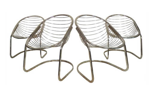 Rima Egg Chair set of 4 dining chairs by Gastone Rinaldi: Set of 4 midcentury style wire chairs with cantilever base. Great modern shape and comfort. // PICK UP LOCATION: Brooklyn NY // Dimensions: Height: 31 in Width: 22.5 in Depth: 28 in Seat Height: 17 in