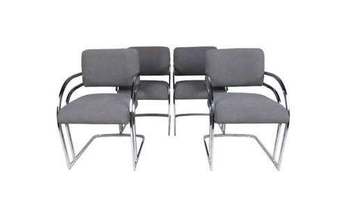 Four Baughman Style Chrome Dining Chairs by Contemporary Shells Inc.: Set of four dining armchairs by Contemporary Shells Inc., Hempstead NY featuring chrome frames with a deep grey woolen felt upholstery. Very stylish mid-century modern appearance, inspired by the icon