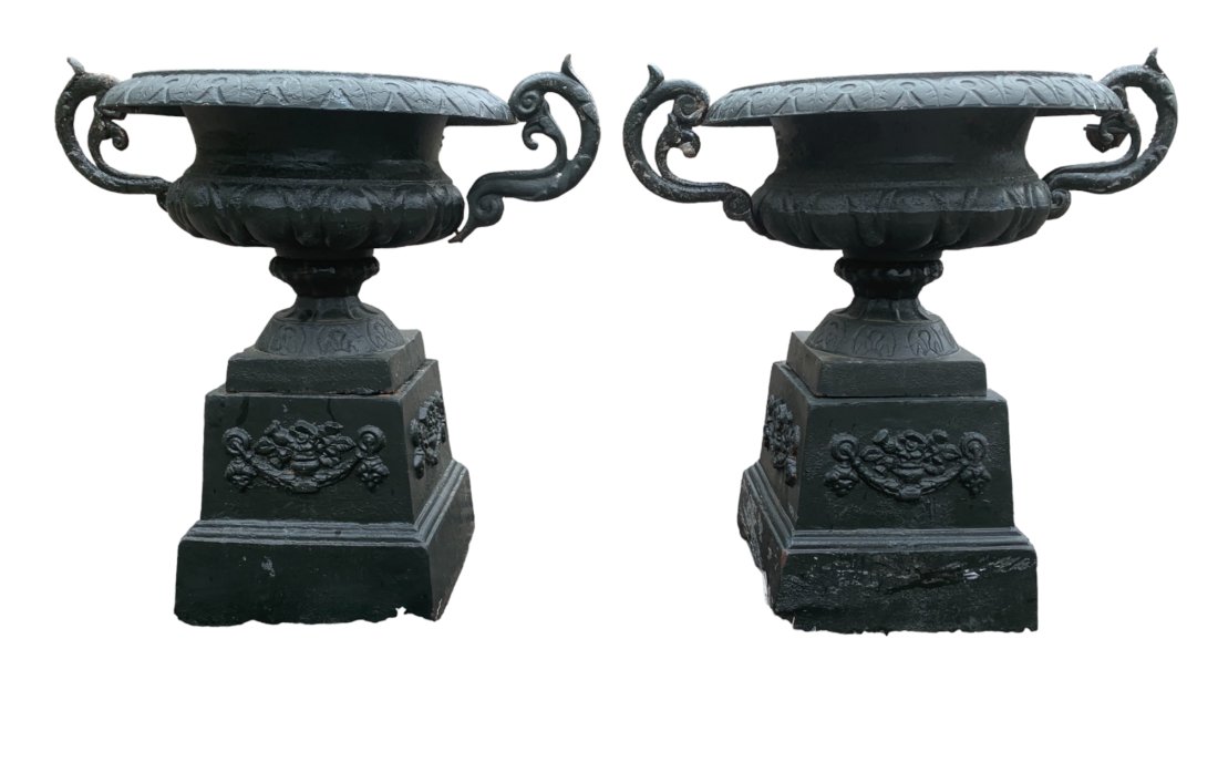 Ornate Cast Iron Urns With Bases (1 of 6)