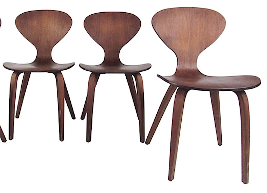 Three Vintage Dining Chairs After Norman Cherner: This set of three Plycraft style bentwood dining chairs feature sculptural Norman Cherner style construction with stylish seat backs and comfortable construction. The set of Mid-Century Modern chairs