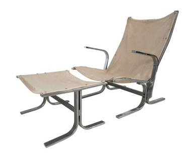 Ingmar Relling Style Sling Lounge Chair and Ottoman: This matching lounge and ottoman features vintage canvas on a unique and comfortable chrome frame. Comfortable lounge chair for home or business seating area. // PICK UP LOCATION: Brooklyn NY 