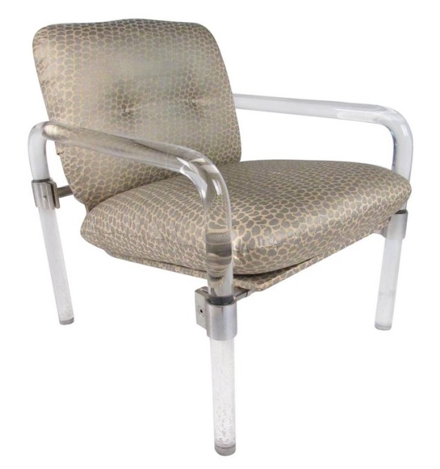 Jeff Messerschmidt Lucite Armchair, Signed 1977: This striking designer made lounge chair features shapely Lucite frame with steel hardware complimented by beautiful vintage fabric. Signed by the designer Jeff Messerschmidt, 1977. Part of his "PipeL