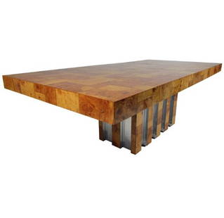Midcentury Dining Table by Paul Evans for Directional: Stunning vintage dining table by Paul Evans for Directional. Beautiful patchwork burl wood design that sits on a pedestal base with chrome trim. This dining table includes two leaves allowing it to ex