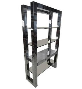 Impressive Mid-Century Modern Paul Evans Chrome Étagère: A stunning vintage modern signed Paul Evans patchwork bookcase with three thick smoked glass inserts as shelves. The functional and sleek design offers plenty of room to store and display items. The s