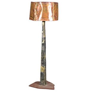 Unique Mixed Metal Floor Lamp in the Style of Paul Evans: An incredible vintage floor lamp in the style of Paul Evans featuring a multicolor surface of mixed metals combined in a patchwork style. A dark slate base adds stability and adds to the variety of un