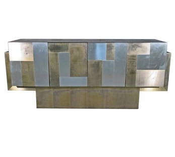 Vintage "Cityscape" Sideboard by Paul Evans: An incredible and rare vintage "Cityscape" sideboard by Paul Evans. Mixed metals form a geometric pattern along the sideboard's exterior, and four doors open to reveal spacious compartments and shelvi