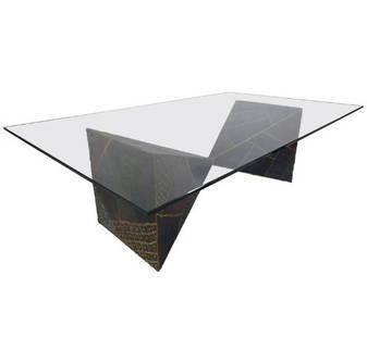 Iconic Midcentury Paul Evans PE 61 Brutalist Coffee Table for Directional: Stunning vintage modern welded metal base coffee table with a rectangular glass top. A sculptural base with two pyramid shaped welded together. The colorful design and thick glass top are sure to comp