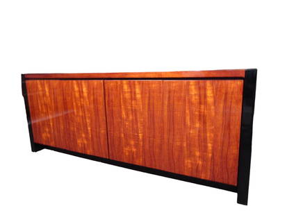Henredon "Elan" Collection Black Lacquer and Koa Wood Credenza: Gorgeous black lacquer and Hawaiian koa wood credenza from the Elan Collection by Henredon. The credenza features stunning and rare koa wood grain and clean, sleek lines. It offers ample room for stor