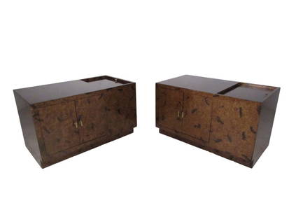 Pair of Tortoise Shell End Tables by Directional: This stylish pair of matching end table cabinets features a truly innovative design, combining a vintage tortoise finish with brass trim and several unique storage options. Standard cabinet storage me