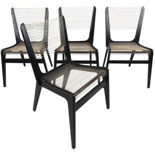 Jacques Guillon Cord Chairs: This rare set of Mid-Century Modern dining chairs by Jacques Guillon features black lacquered wooden frames with rope cord seat and back. Stylish vintage design makes these unique string chairs an unu