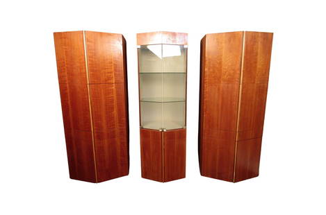 Teak Storage Cabinets by Dilingham: These unique Dillingham china cabinets come in a set of three. The two end cabinets are identical with all wood doors and glass shelving. The middle cabinet features two glass doors and a light up sho