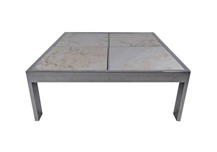 Pace Collection Coffee Table by Leon Rosen: This stylish Leon Rosen for Pace coffee table combines thick chrome framing with Italian marble insets. Impressive center table for any living room, sitting room, or business seating area, please conf