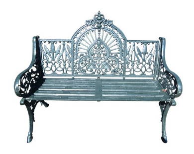 Sculpted Cast Iron Bench: This beautiful cast iron bench features sculpted arm rests, an arched backrest, and a slatted seat. A unique and comfortable design with excellent detail throughout. // LOCATION: Brooklyn NY // Dimens