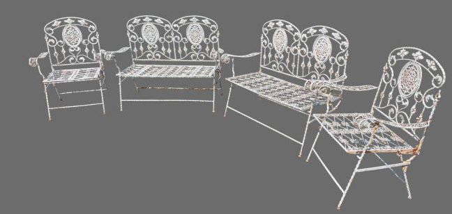 Ornate Vintage Iron Garden Set: This vintage outdoor set of patio furniture seating includes two benches and two armchairs, with elegant curling designs. // PICK UP LOCATION: Wall, NJ // Dimensions: Benches - W45.5" x D19.5" x H38"