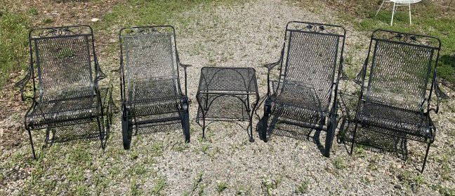 MCM Patio Furniture Set: MCM Patio Furniture Set. Includes (4) Chairs and (1) Sm Table // PICK UP LOCATION: Wall, NJ // Dimensions: Chairs- Width 26" Depth 30" Height 32" Seat Height 17.5" Table- Width 20" Depth 20" Height 17