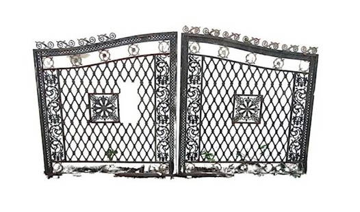 Large Pair of Iron Gates: Cast iron entry gates with scrolling details. // PICK UP LOCATION: New Jersey // Dimensions: W84, D2, H88" // Condition: Wear, fading, oxidation, breaks, needs welding and repair // Item number: 17269