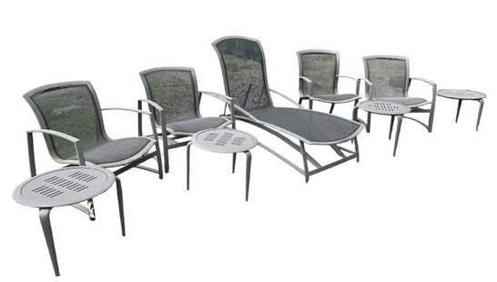 Modern Pool Furniture Set: Modern Pool Patio Furniture Set by Brown Jordan. (4) Tables (3) Low Arm Chairs (1) Arm Chair (1) Reclining Lounge // PICK UP LOCATION: New Jersey // Dimensions: Tables- W21"xD21"x H17" Chair #1 (3)- w