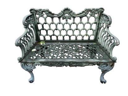 Vintage Cast Iron Bench: Vintage Cast Iron Bench // PICK UP LOCATION: Wall, NJ // Dimensions: W39 D17 H34 SH 16.5 // Condition: Fading, cracks, breaks, scratches, scuffs //