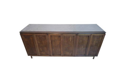 Vintage Patchwork Walnut & Marble Credenza by Bert England for John Stuart: Jaw-dropping artisanal credenza designed by Bert England for John Stuart of Grand Rapids, Michigan. Carved walnut doors give a brutalist, patchwork feel to this impressive piece. A solid marble top